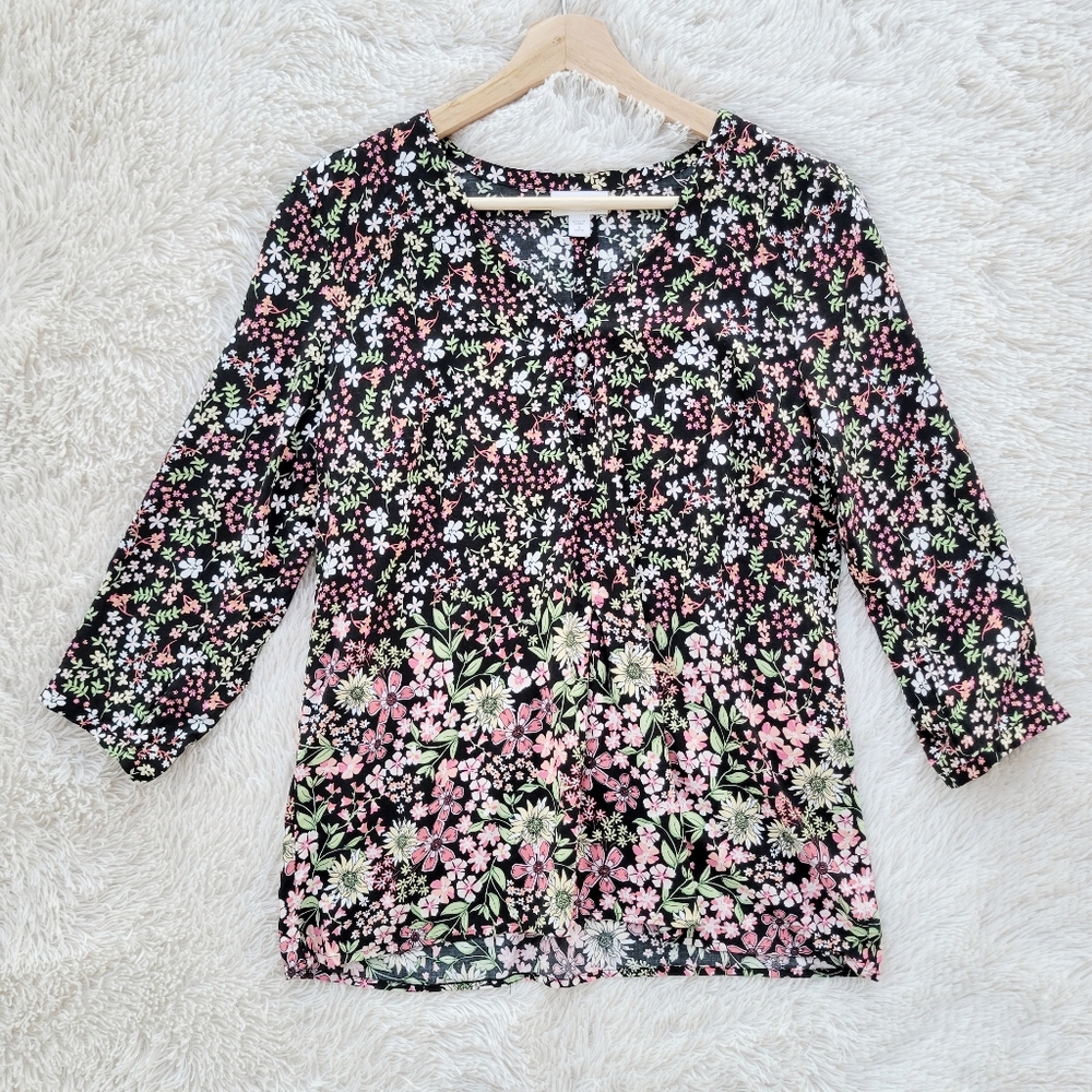 J. Jill Black Floral V-neck Blouse